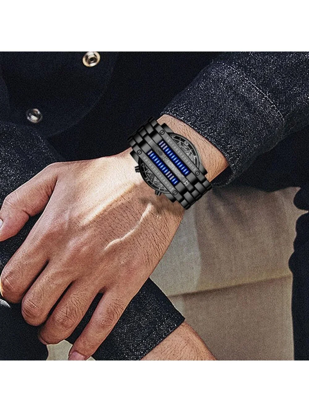Stylish Men's Blue LED Digital Watch - Waterproof, Classic Black Plated Bracelet